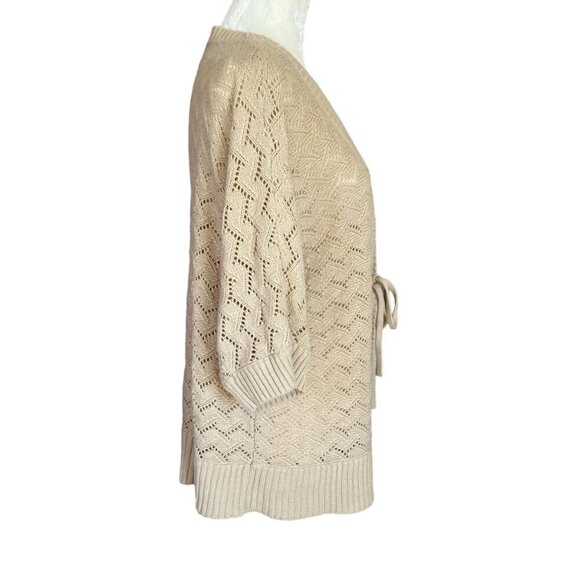 Nicole Miller women's XL tan tie front 3/4 sleeve chevron knit sweater cardigan - Picture 3 of 8